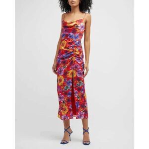 Milly Lilliana Ruched Red Floral-Print Sleeveless Midi Side Slit Dress Size 6